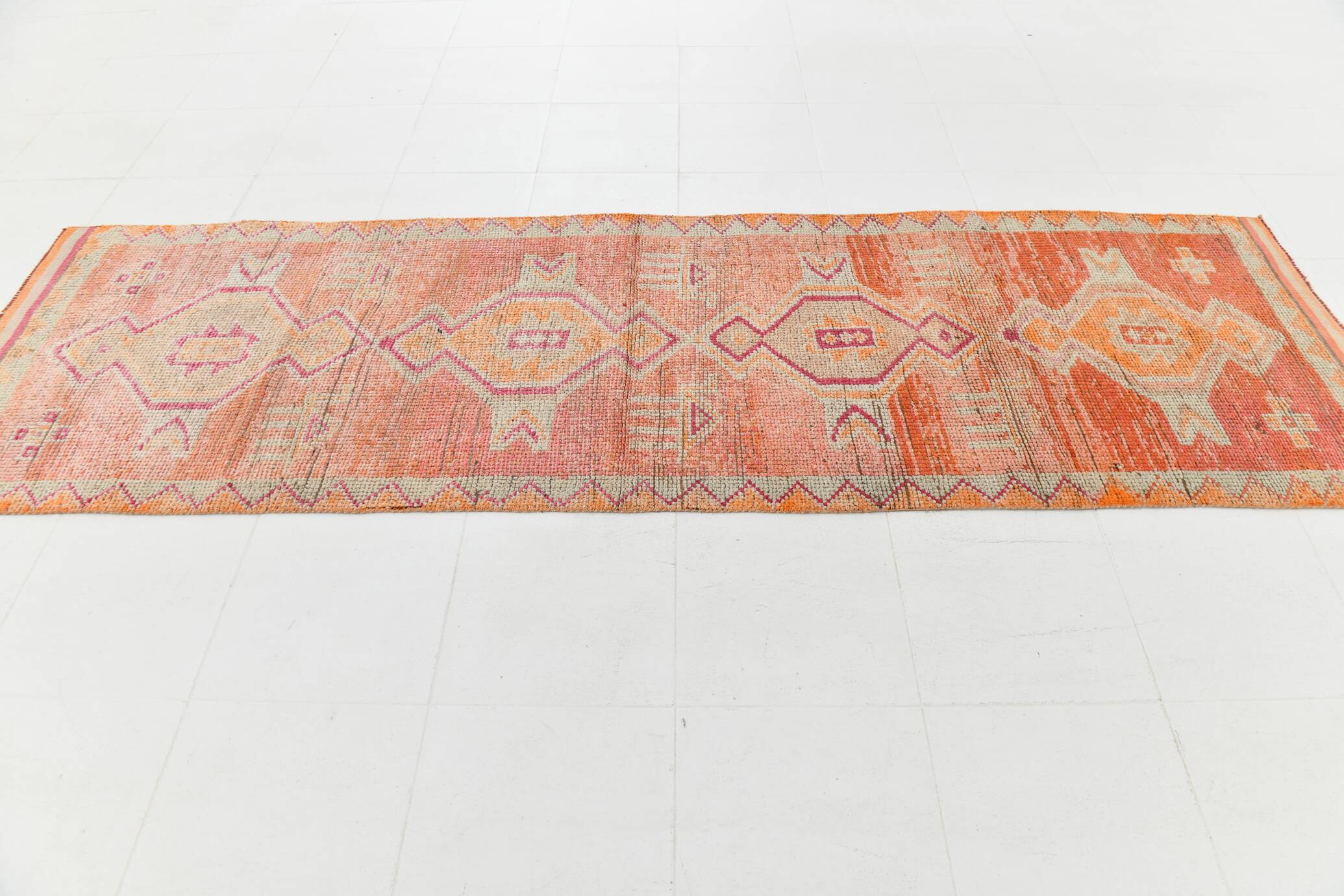 3x10 Coral Orange & Red Turkish Vintage Runner Rug, 98x322Cm