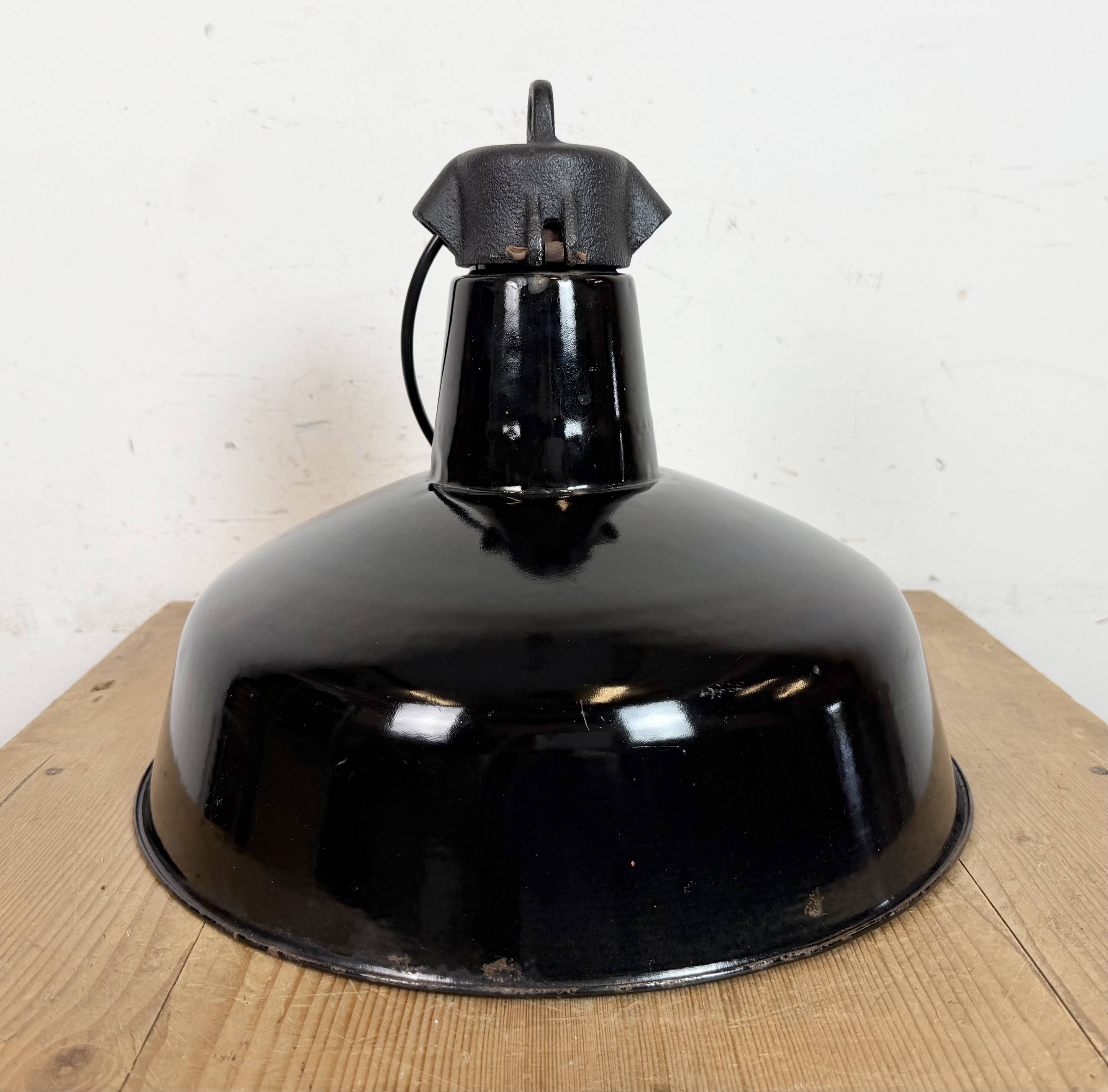 Industrial Black Enamel Factory Lamp with Cast Iron Top, 1950s