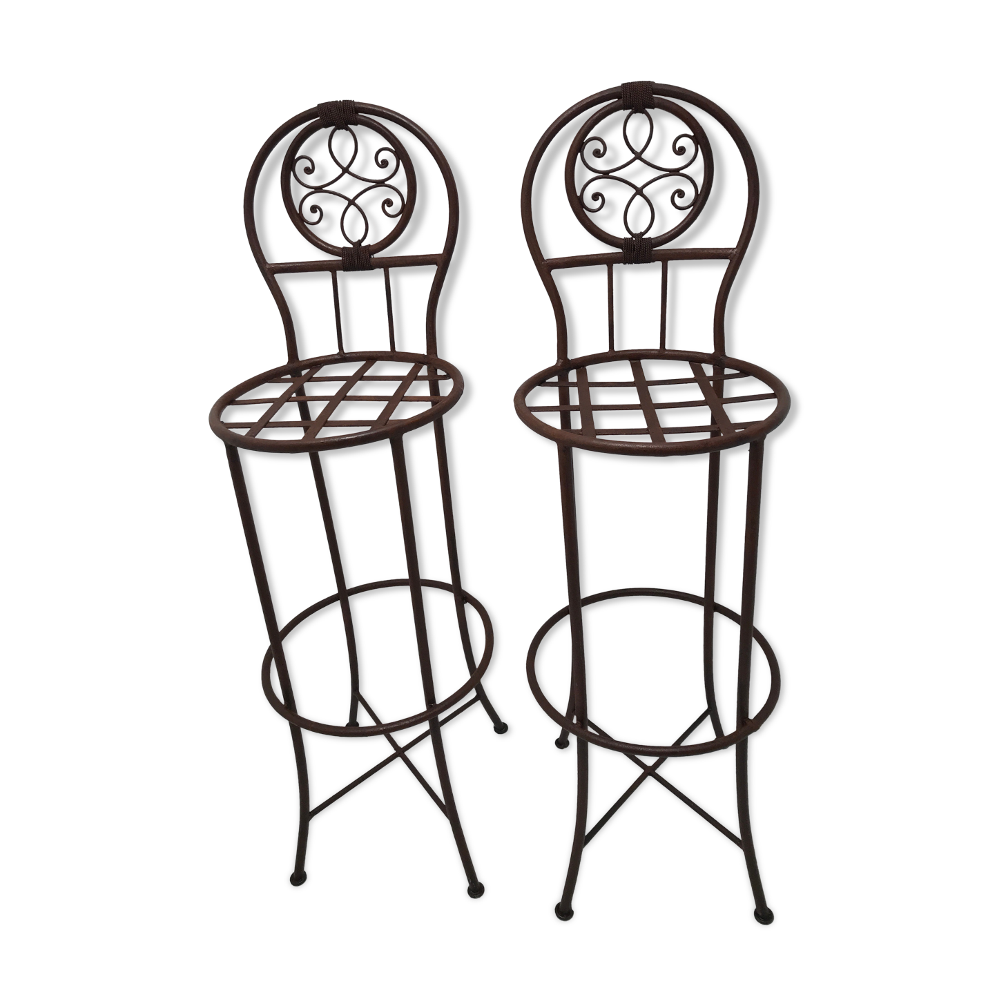 Pair of vintage bar high chairs in copper and wrought iron