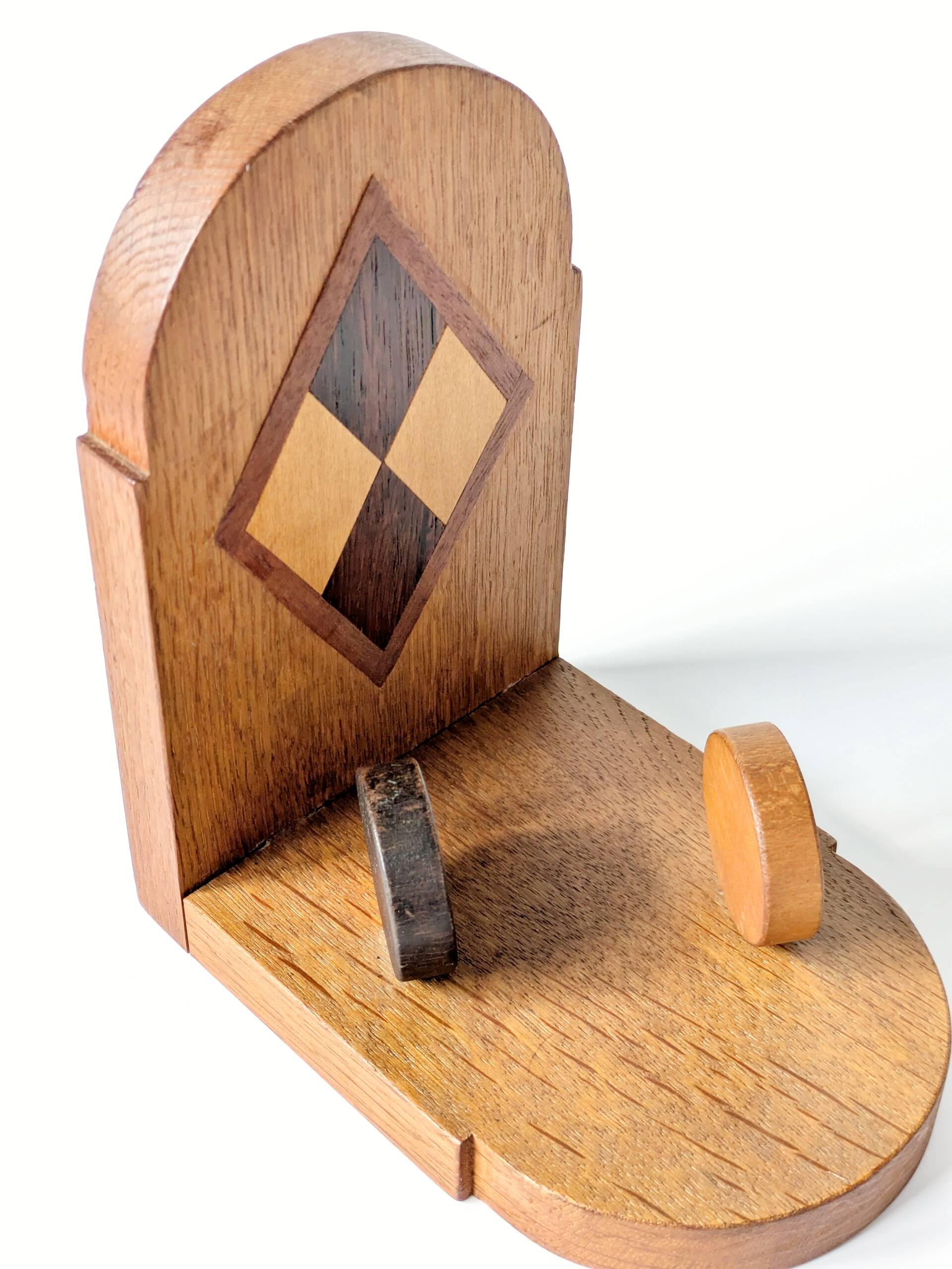 Pair of vintage wooden bookends, checkerboard pattern, 1950s