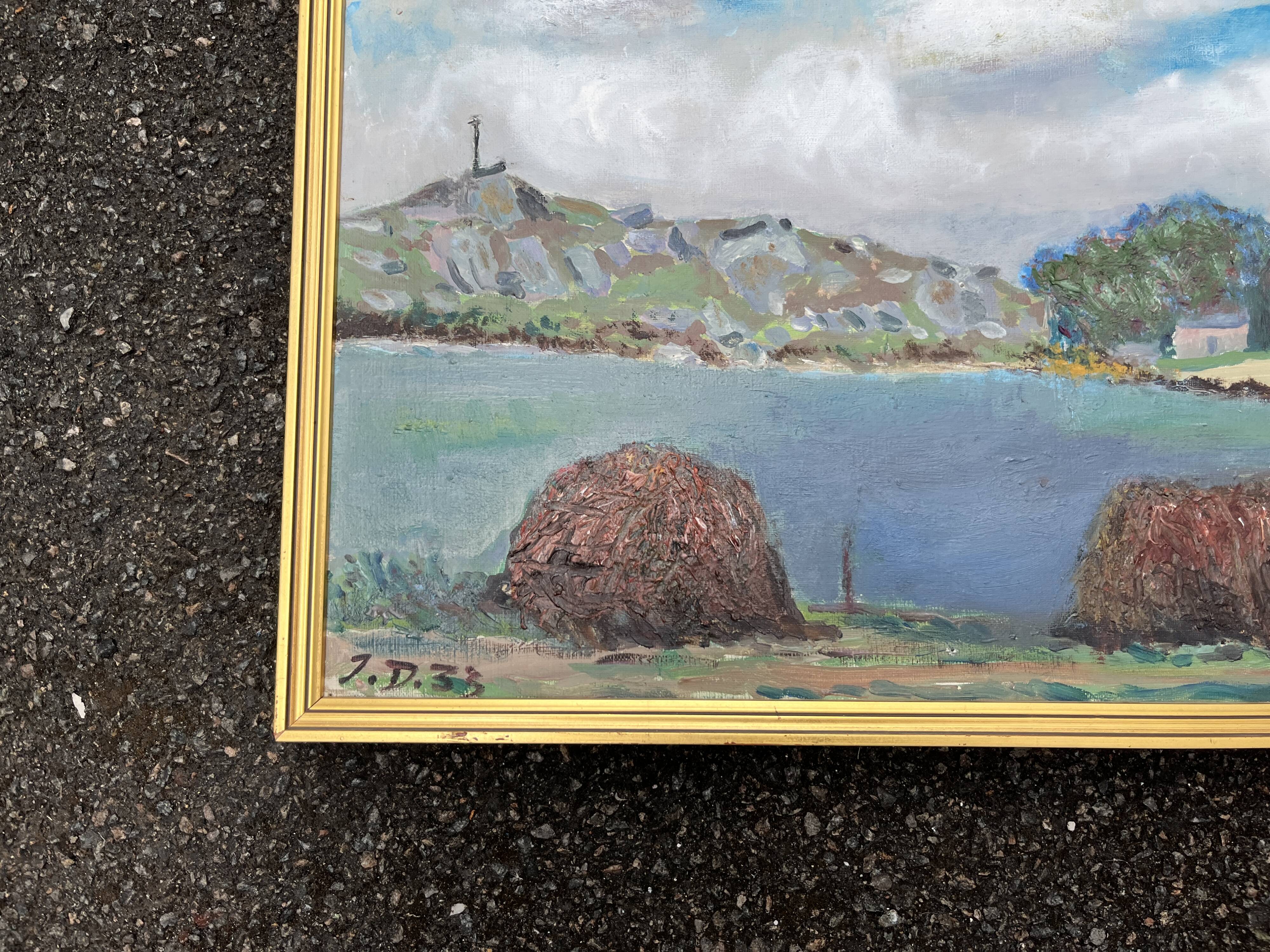 Painting Animated landscape at the lake – Signed oil