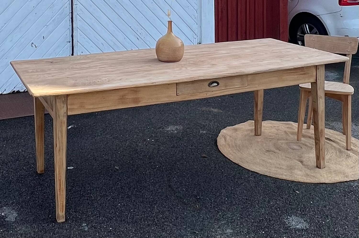 Large antique farmhouse table with 2 drawers in raw solid wood.