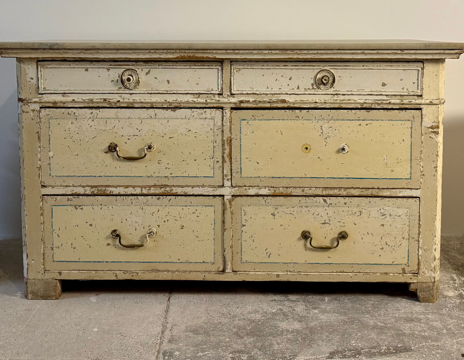 Double-sided shop counter furniture with 6 drawers, length 156 cm.