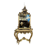 Mirror set with baroque style gilded wood console on marble top.