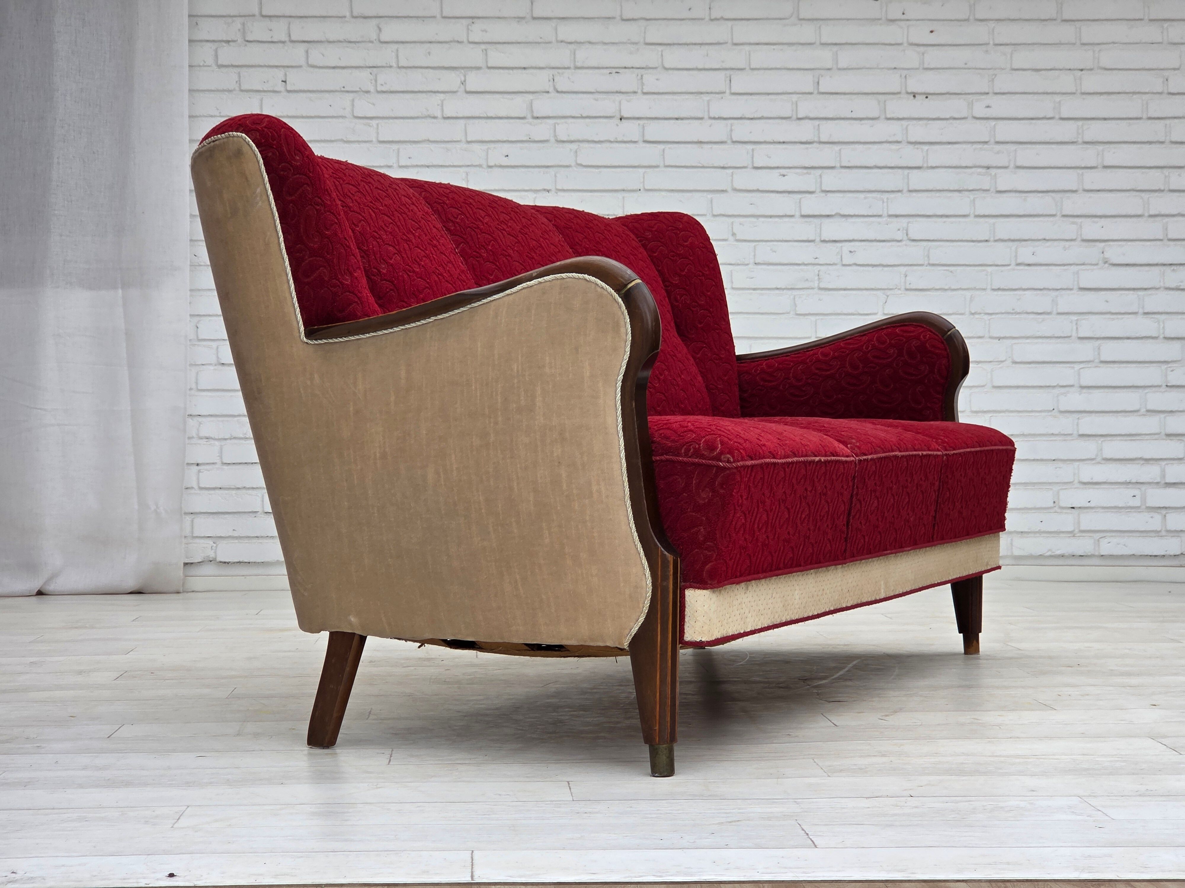 1950s, Danish 3-seater sofa, original red/beige furniture wool.