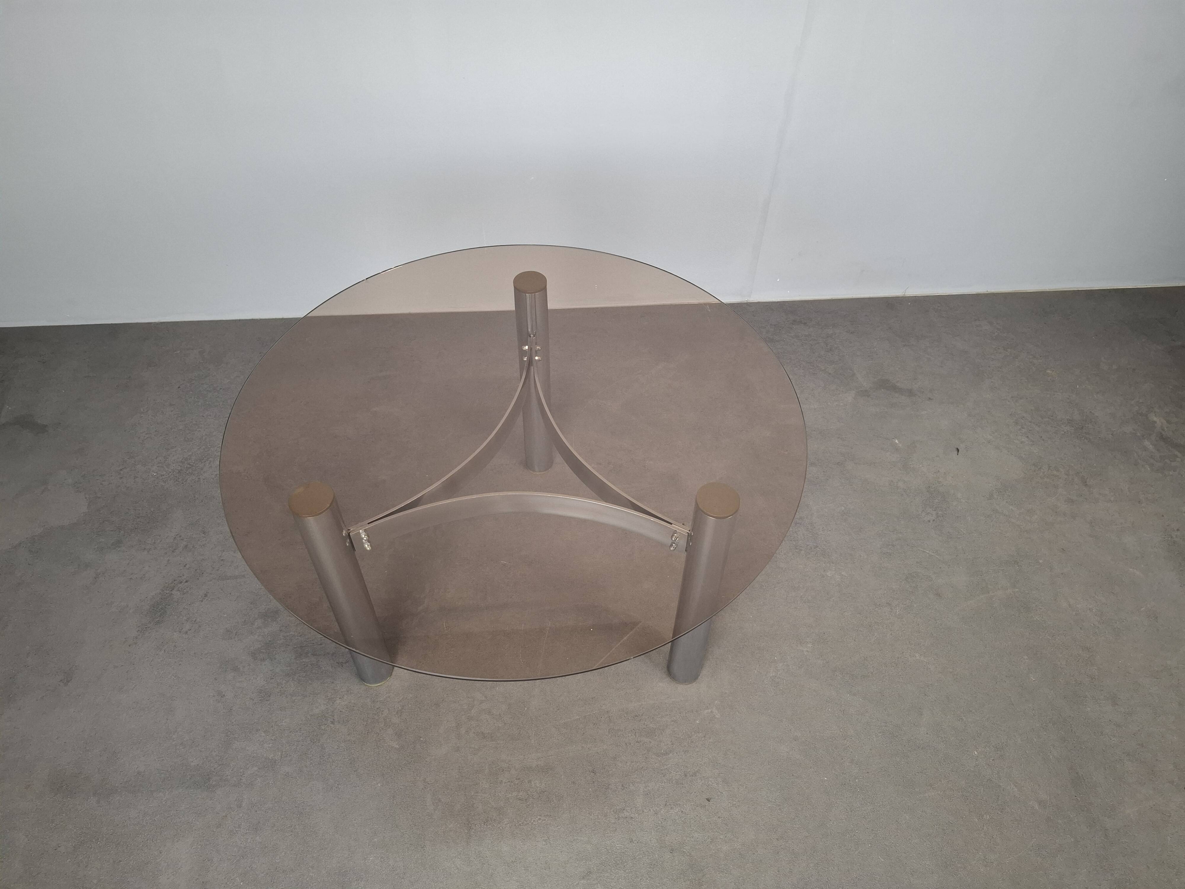 Mid-century Czechoslovak smoked glass coffee table, chrome metal, 1970s