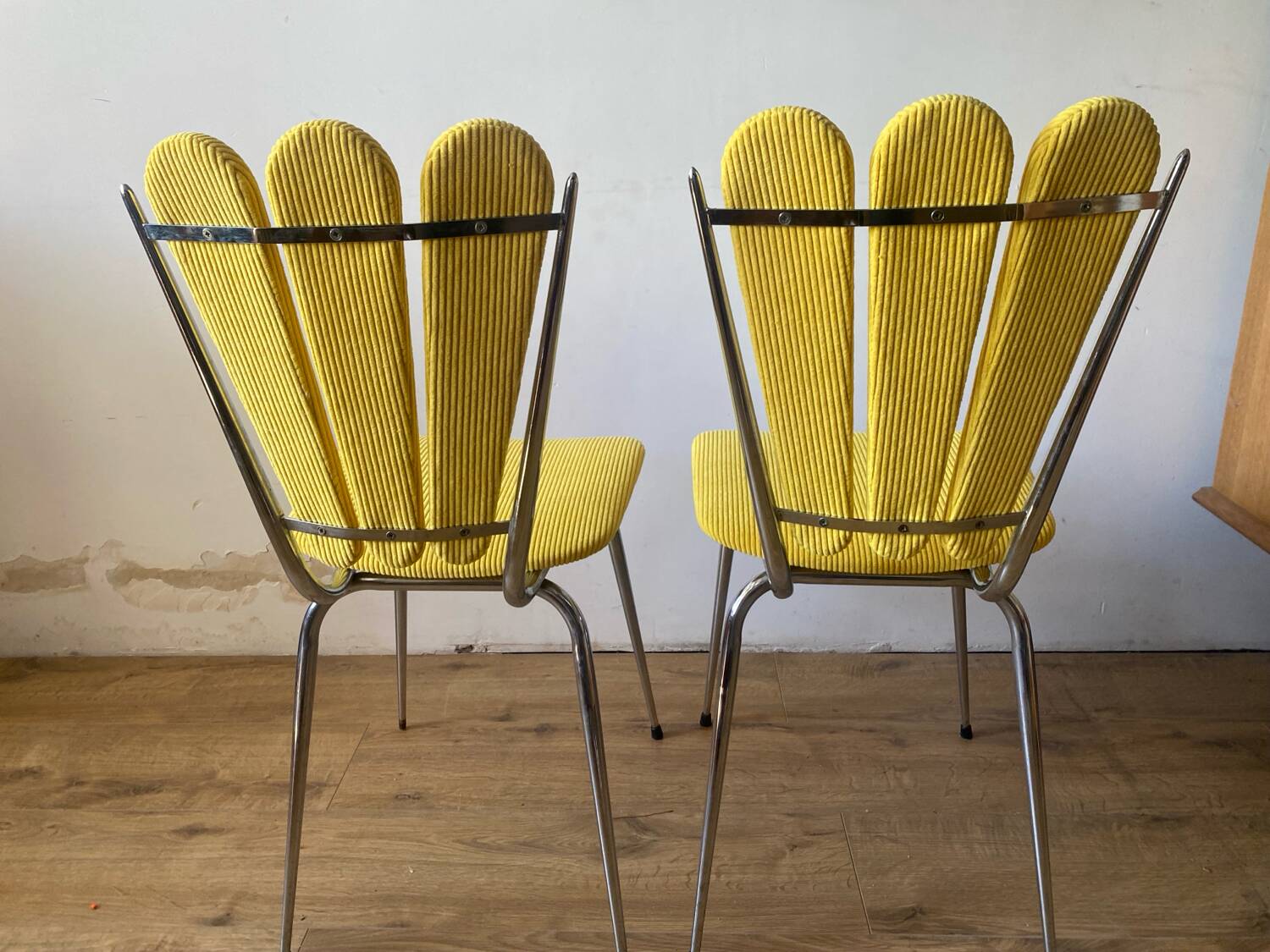 Chrome petal corduroy chairs