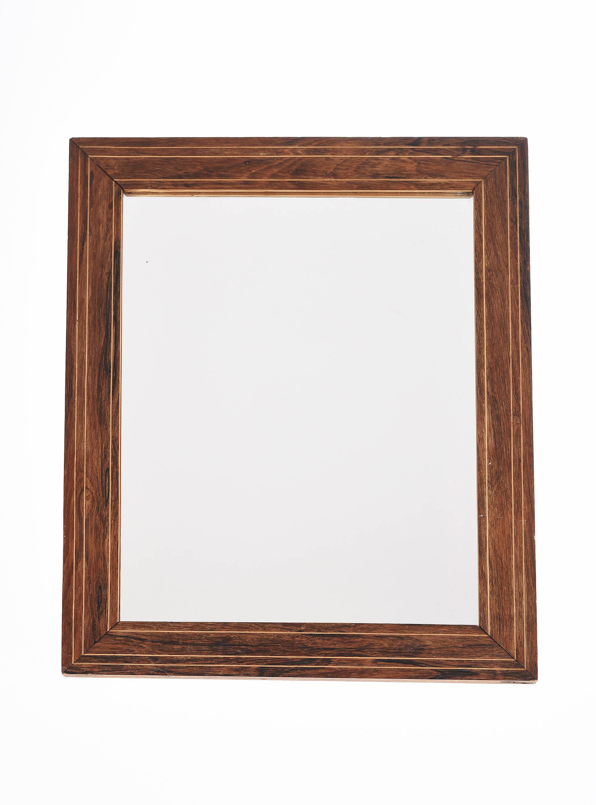 Old rectangular wooden mirror, frame decorated with edges