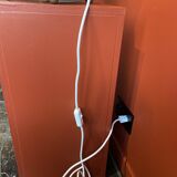 Beige marble stucco base, Houles white ecru fringed lampshade.