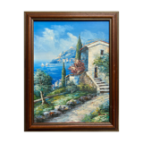Table hst "mediterranean navy" signed + frame (xx°) cypress sailboats