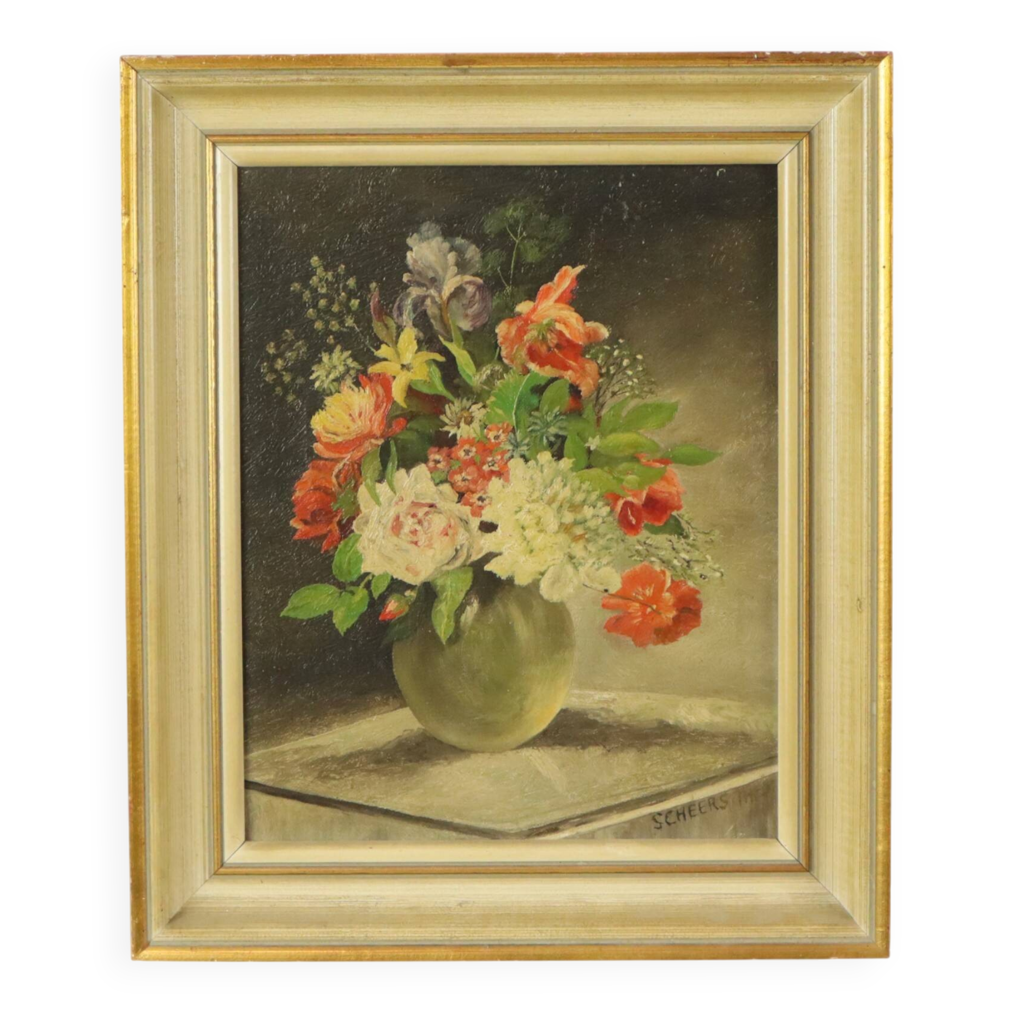 Flowers in Vase Still Life Painting Oil on Canvas Framed Signed