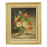 Flowers in Vase Still Life Painting Oil on Canvas Framed Signed