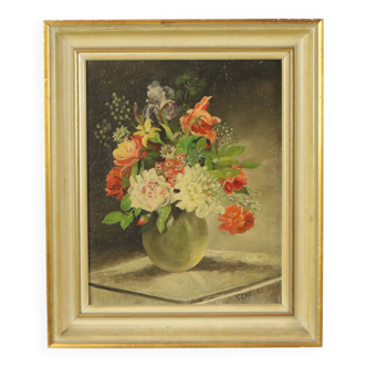 Flowers in Vase Still Life Painting Oil on Canvas Framed Signed