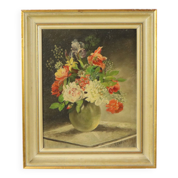 Fleurs dans un vase peinture nature morte huile sur toile encadrée signée