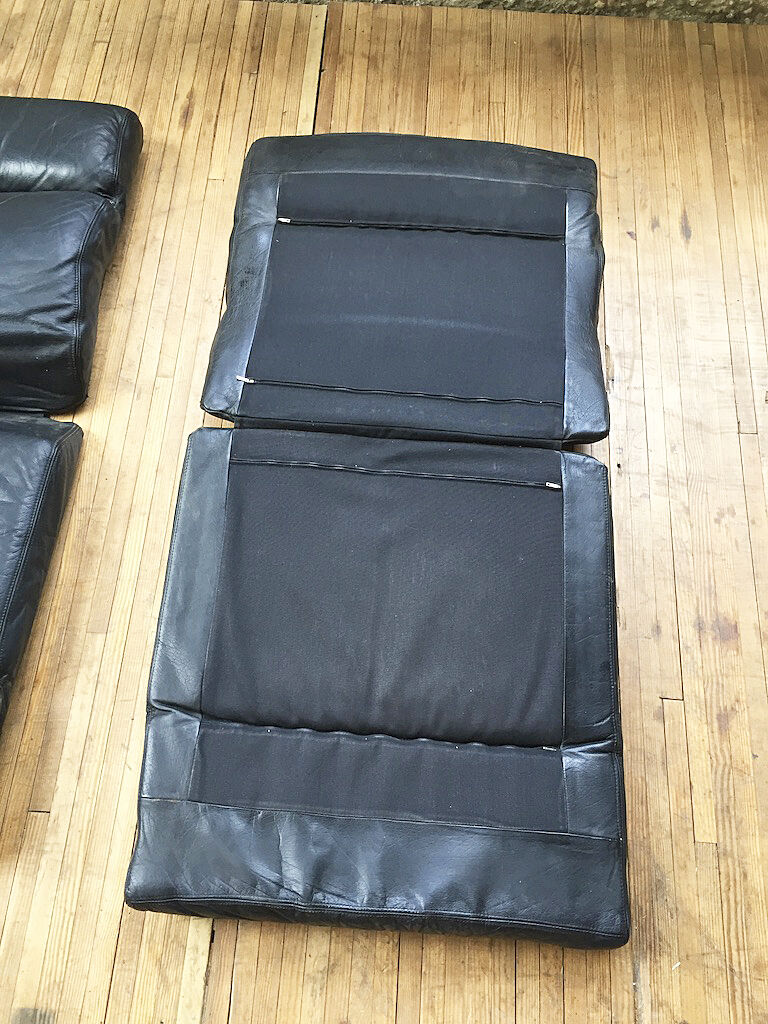 Danish sofa and armchairs curved wood and leather