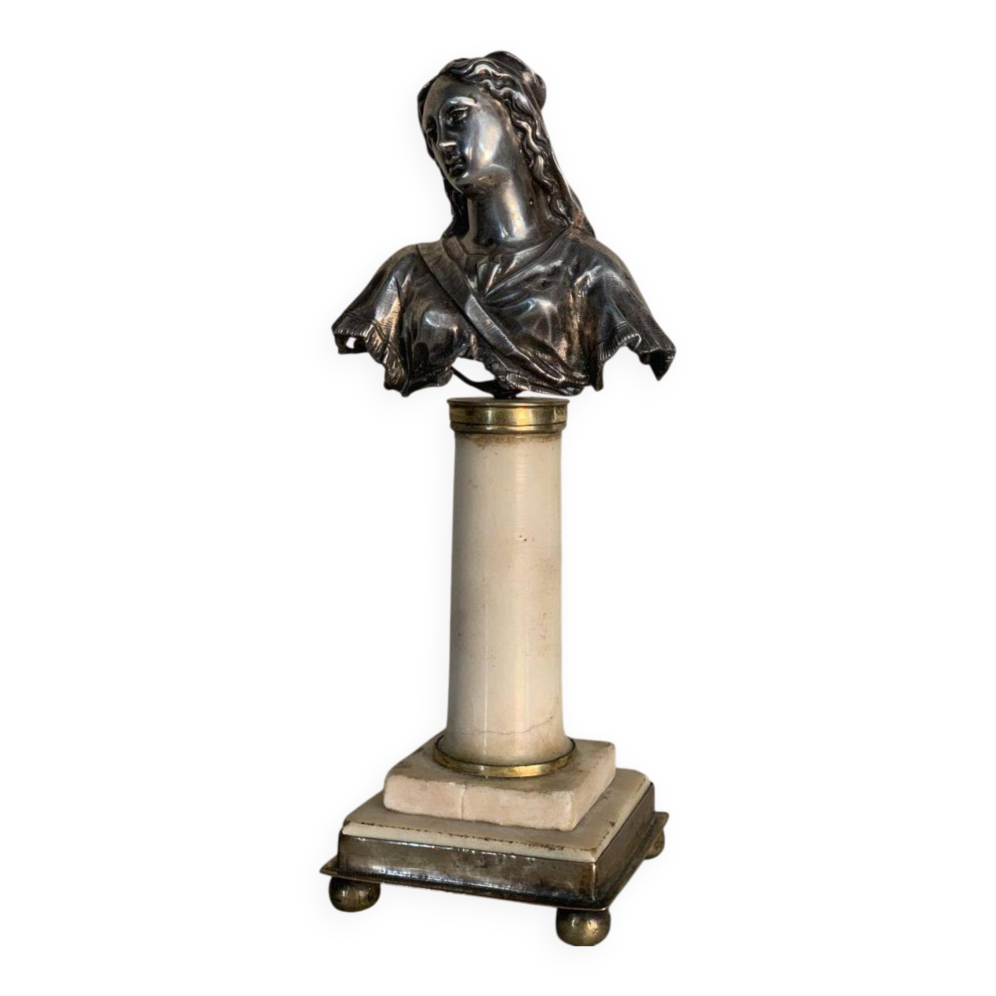 Buste de la Vierge en argent, colonne en marbre