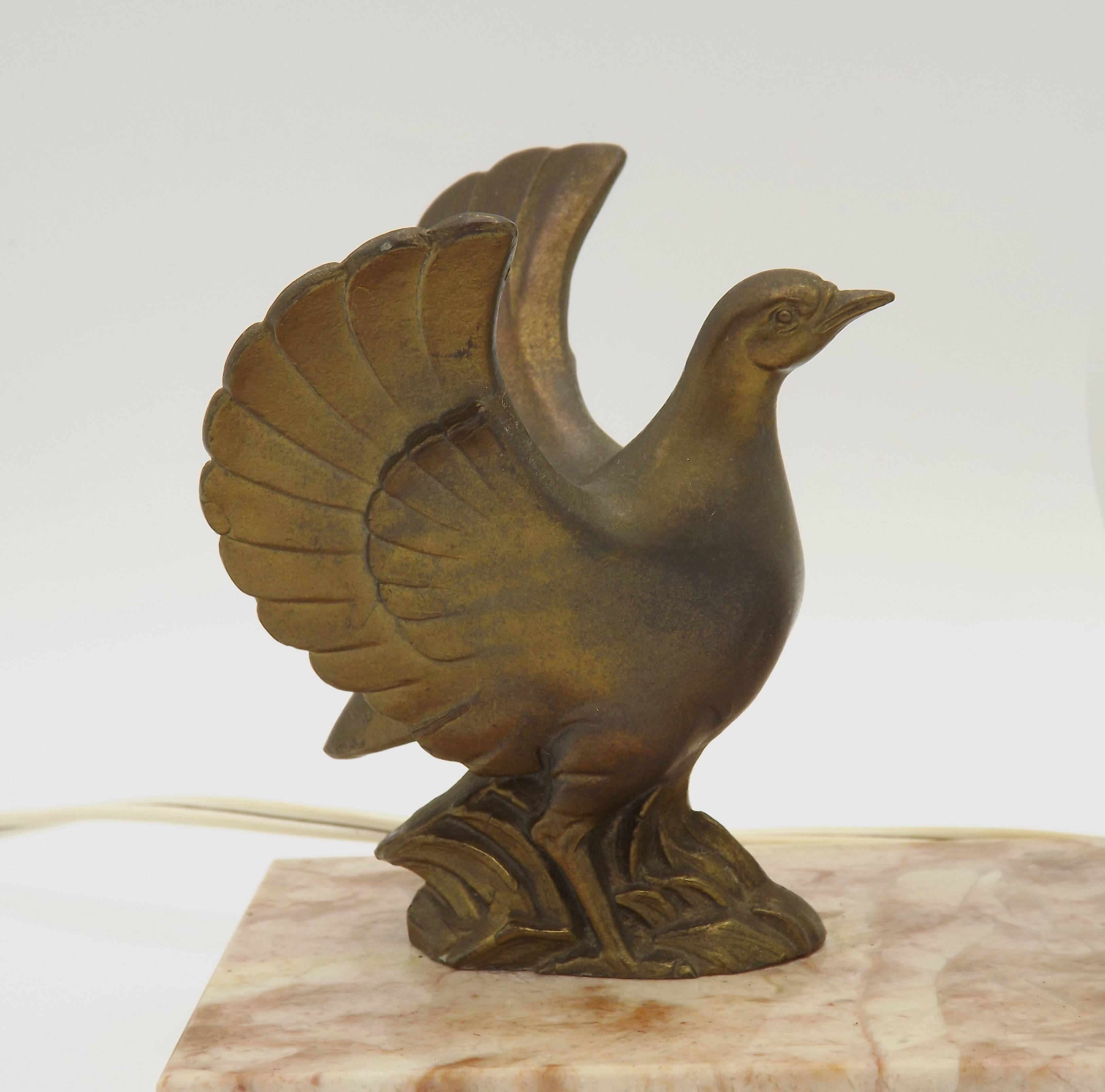 French Art Deco table lamp, bird motif, marble base, white glass globe 4477