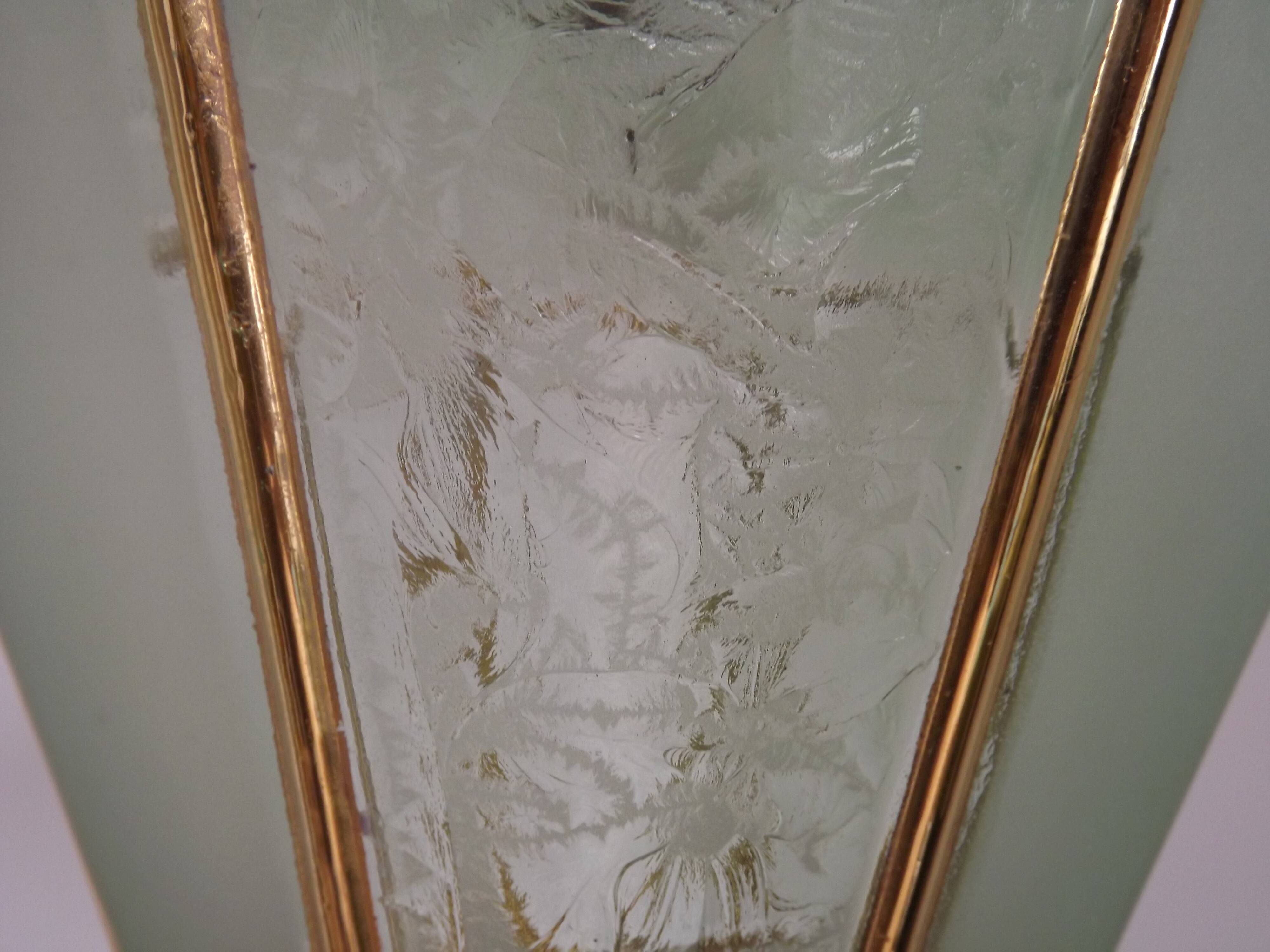 French Vintage Art Deco Glass Ceiling Light Green Frosted & Patterned Glass