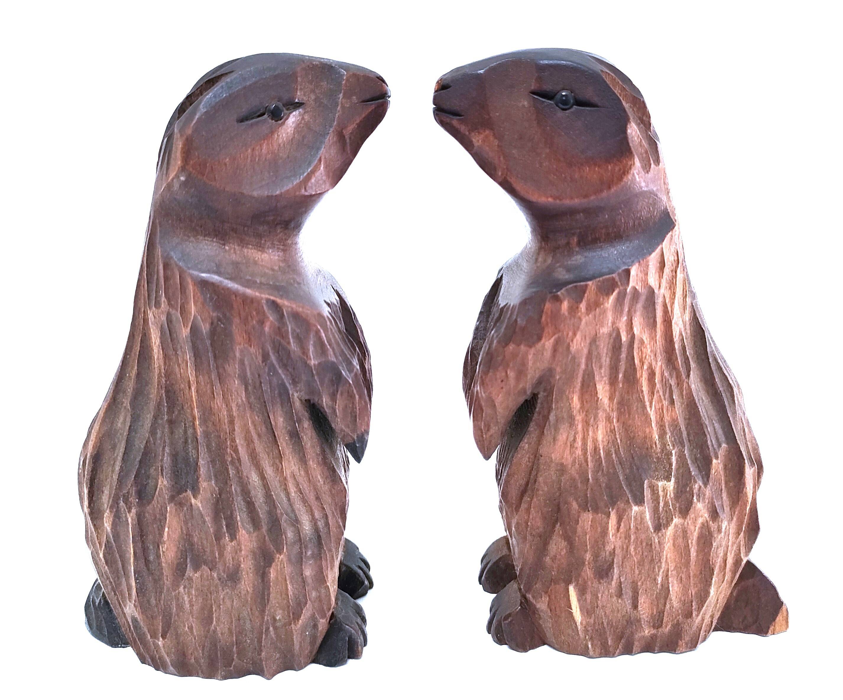 Deux marmottes bois sculpté art populaire français