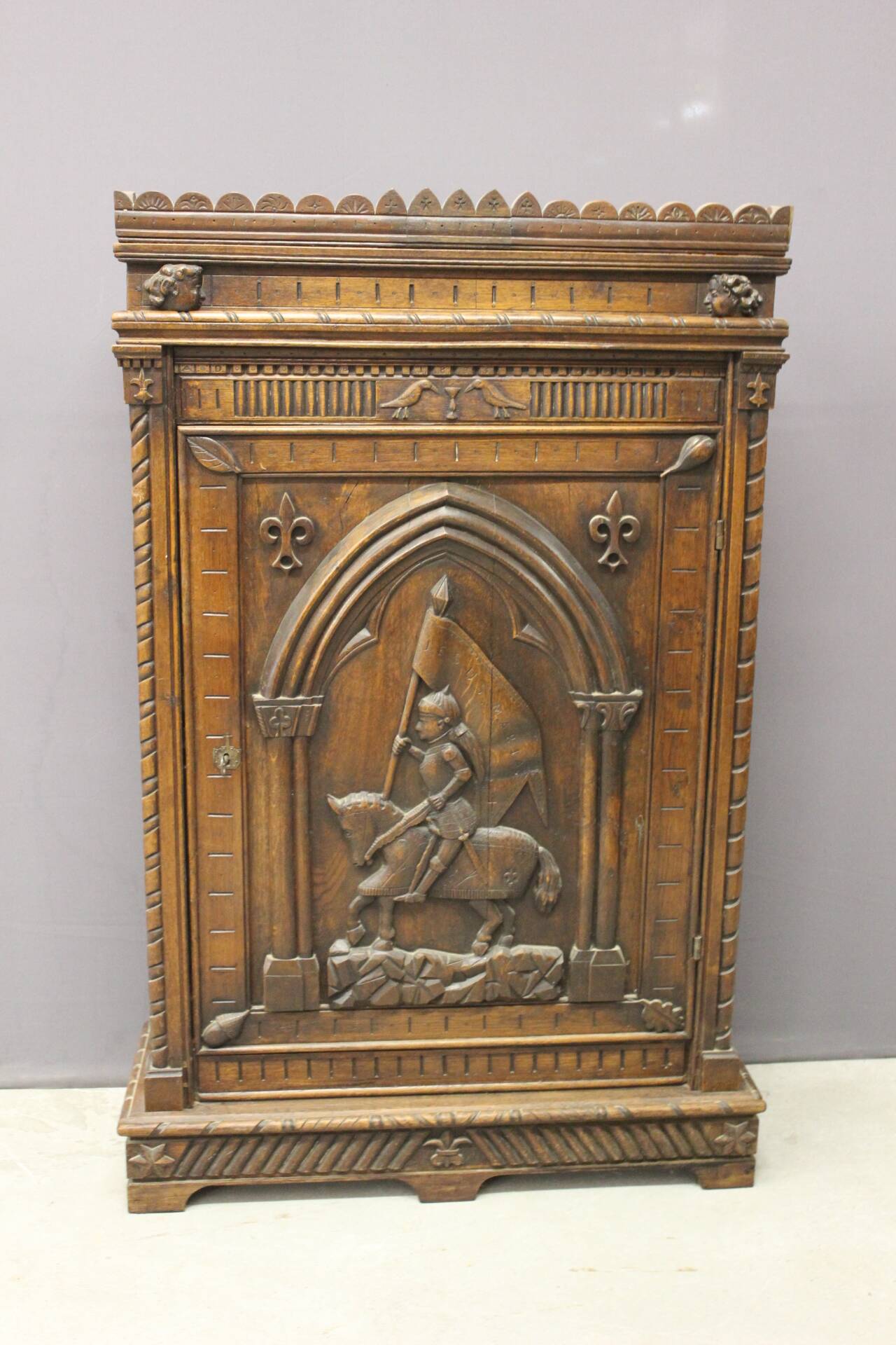 Henri II Style Oak Bonnetière with Joan of Arc Decor, Late 19th Century