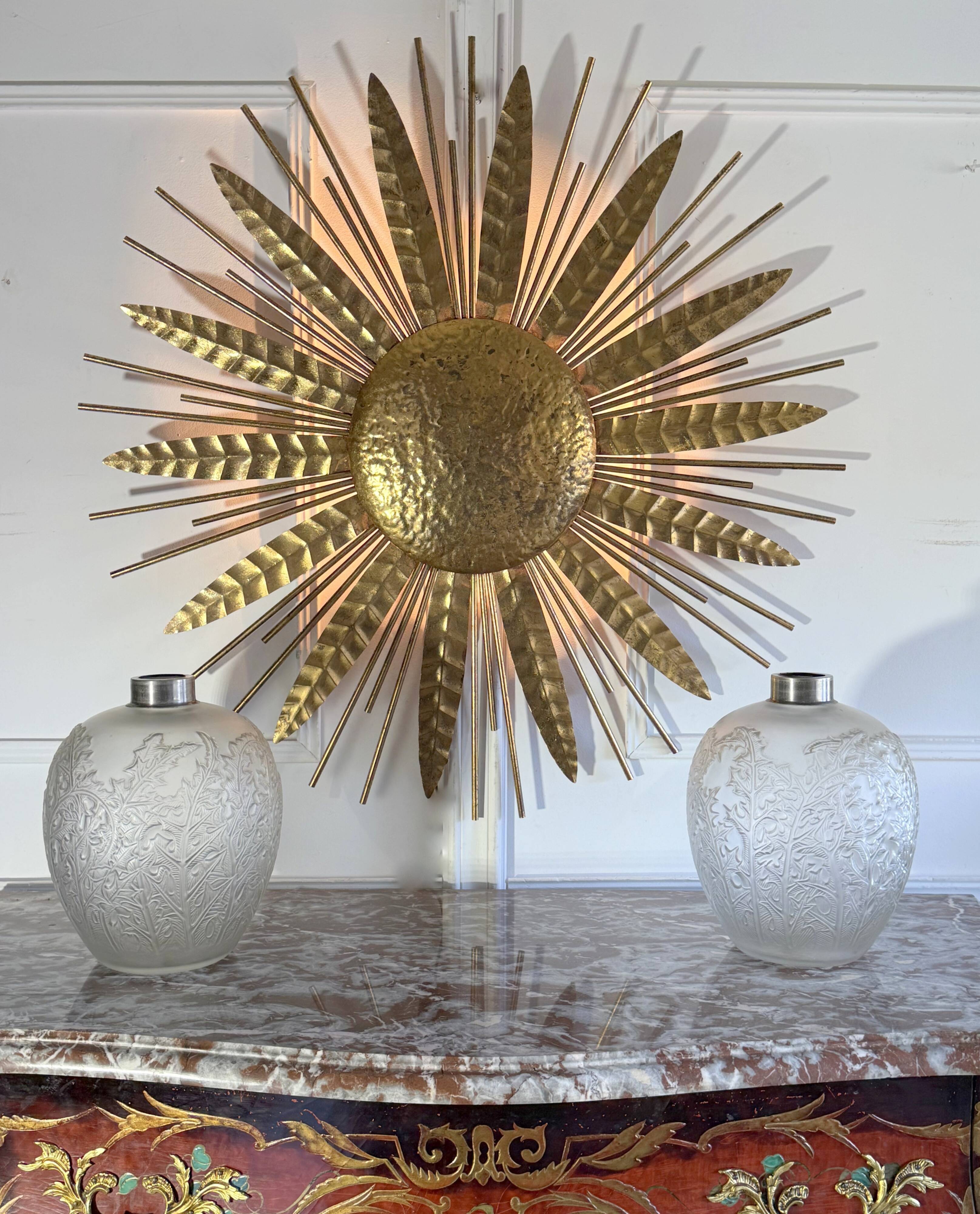 Large golden hammered metal sun wall light with a diameter of 90 cm from the year
