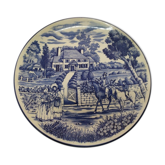 Deco round dish 19th porcelain blue old vintage