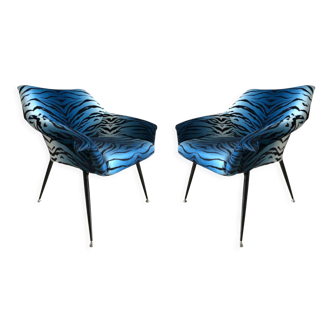 Set of two mid century armchairs, in blue zebra print velvet, europe, 1960s