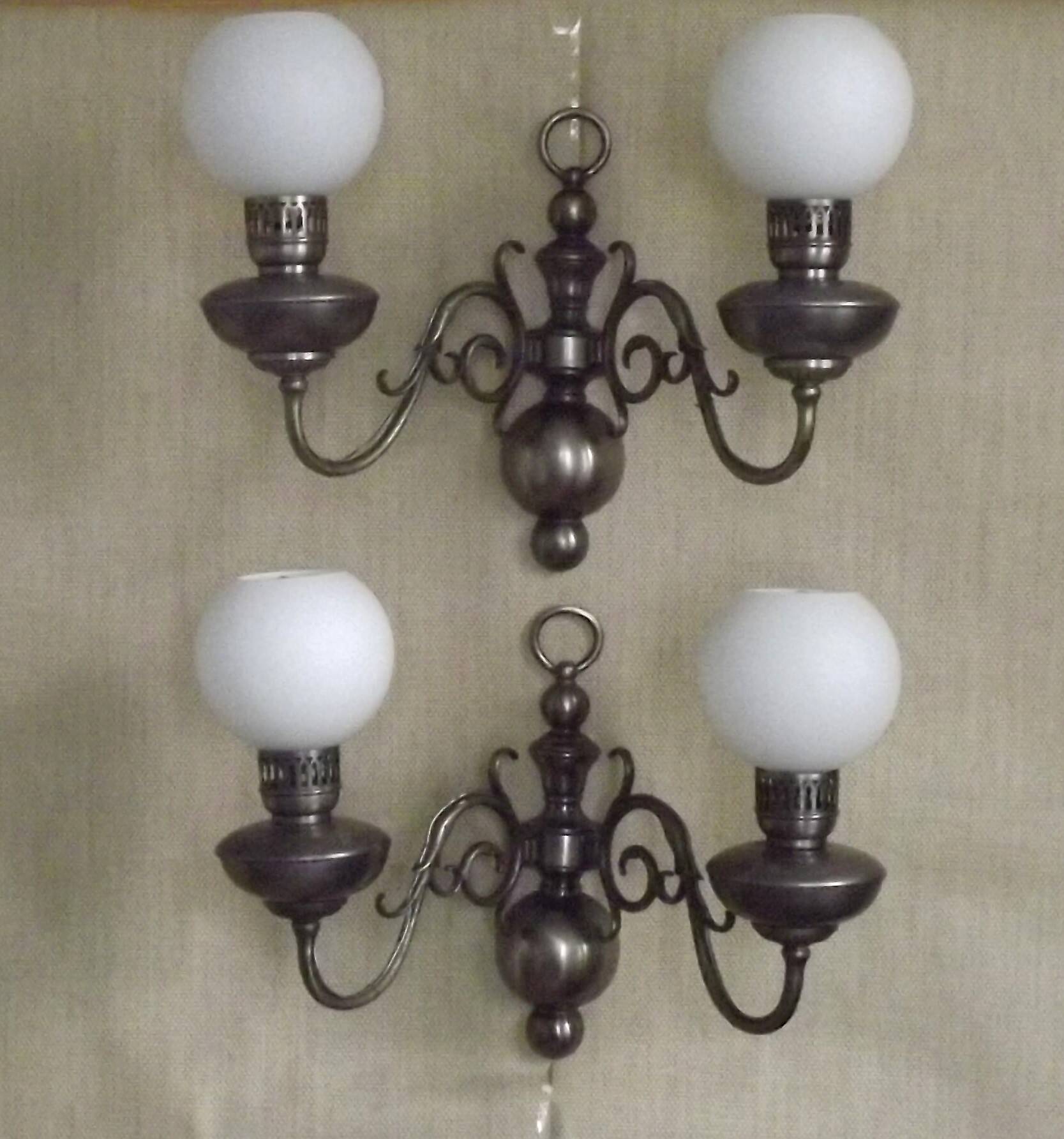Pair of vintage French silvered Flemish wall sconces, double, with white glass shades 5006.