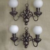 Pair of vintage French silvered Flemish wall sconces, double, with white glass shades 5006.