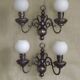Pair of vintage French silvered Flemish wall sconces, double, with white glass shades 5006.