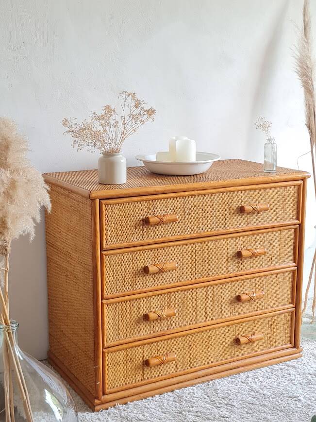 Vintage rattan chest of drawers circa 70s