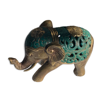 Elephant in golden brass and vintage green patina