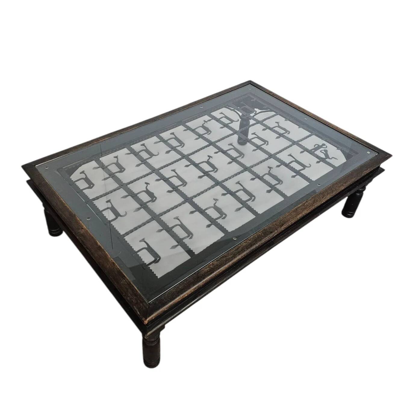 French brutalist coffee table, forged wrought iron, shepherd with dog and his herd, 1970s, transparent glass top