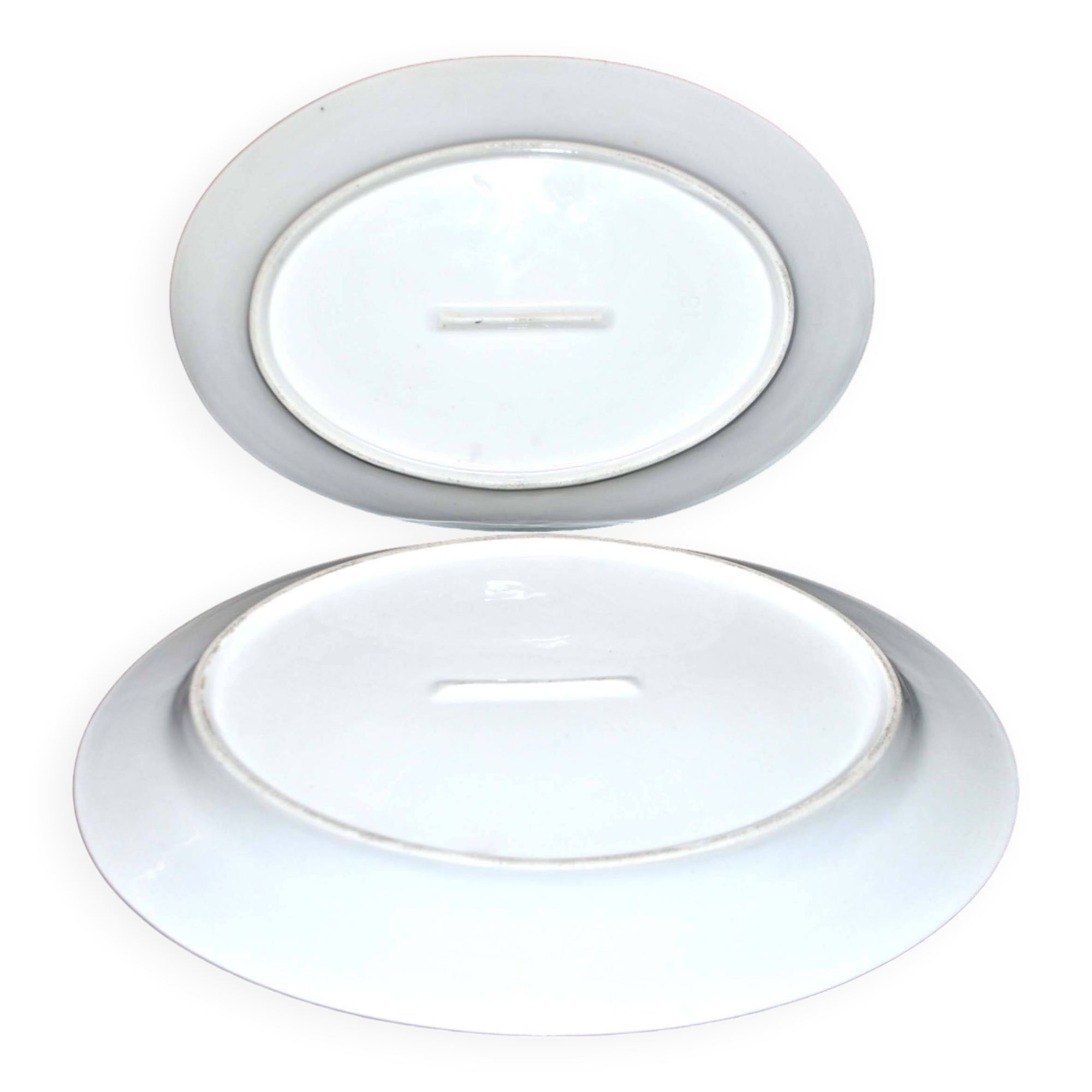 Limoges set of 2 old oval porcelain dishes with green and gold edging