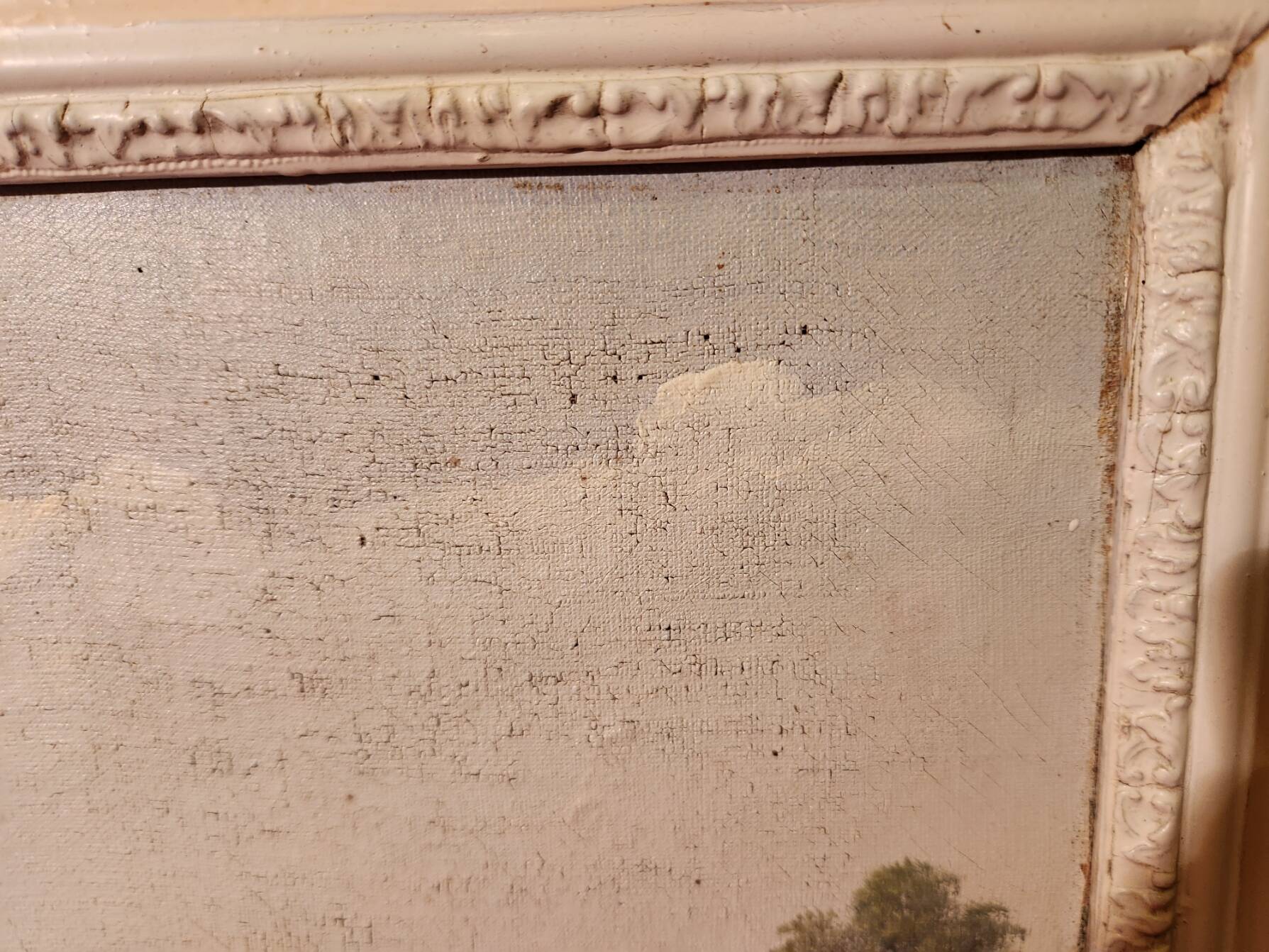 Old painting Oil on canvas Animated lake landscape signed Henry