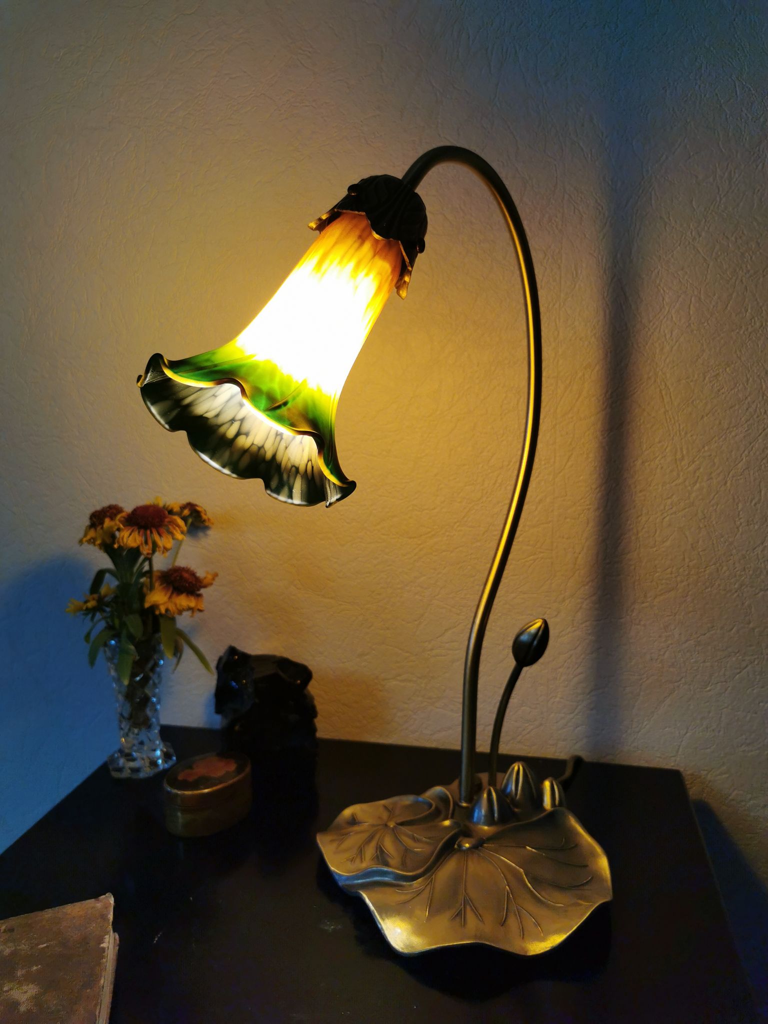 Brass water lily lamp and glass paste, art nouveau style.