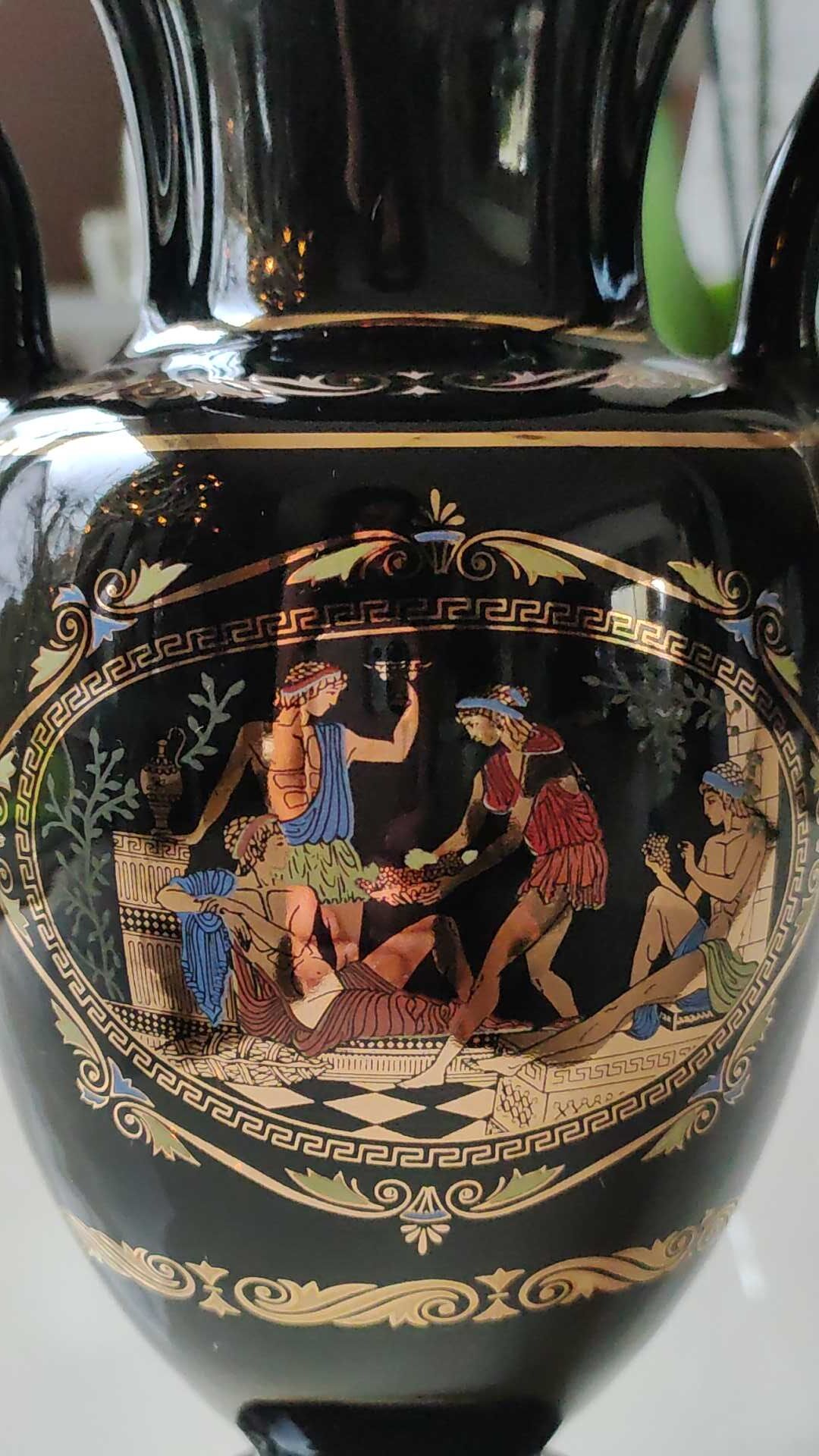 Vase Ancient Greek Amphora stamped. Motifs scenes of life from Greek mythology. Gold inlays