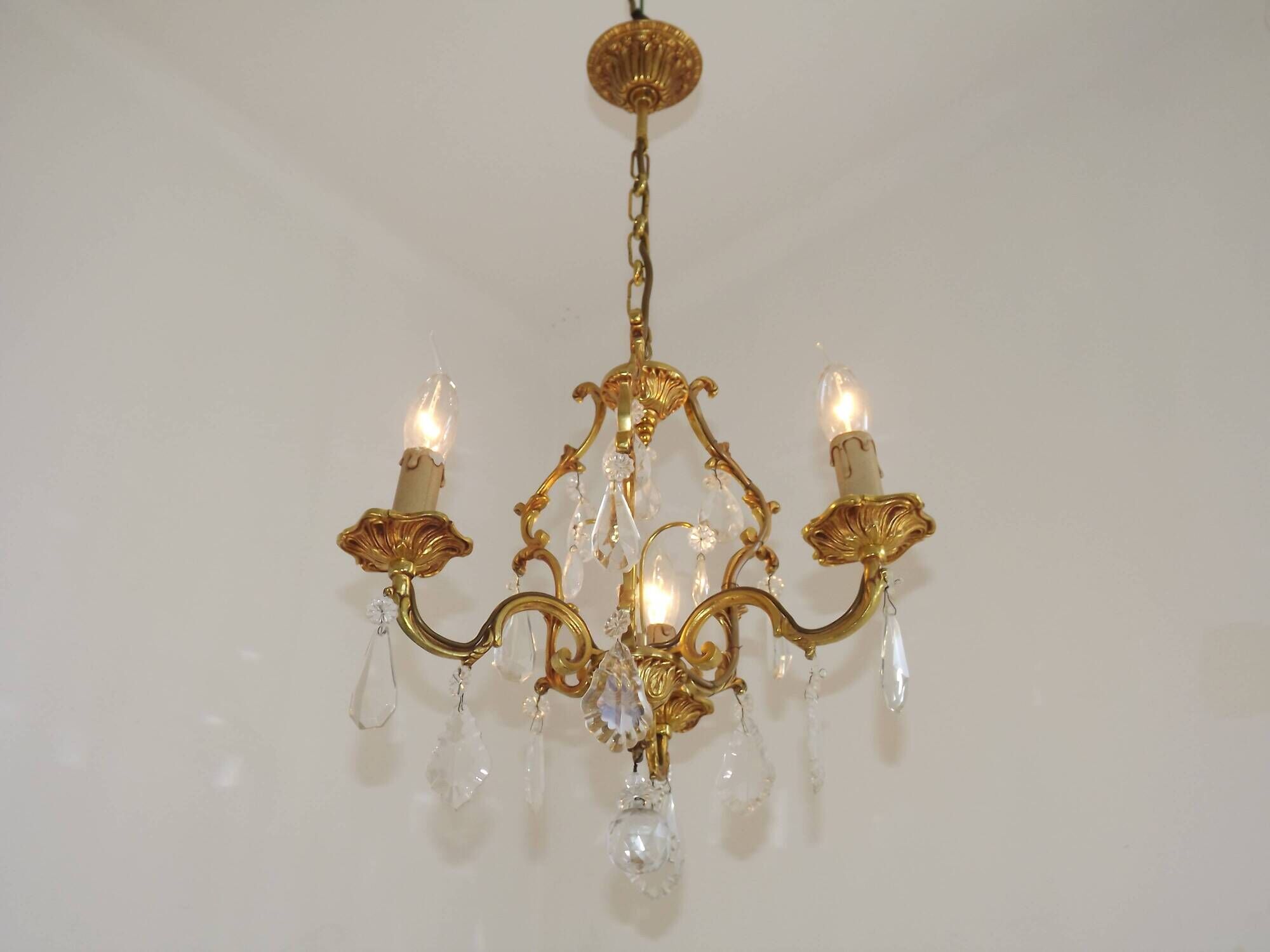 French Vintage Brass Mid Century 3 Light 3 Sided Crystal Cage Chandelier