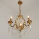 French Vintage Brass Mid Century 3 Light 3 Sided Crystal Cage Chandelier