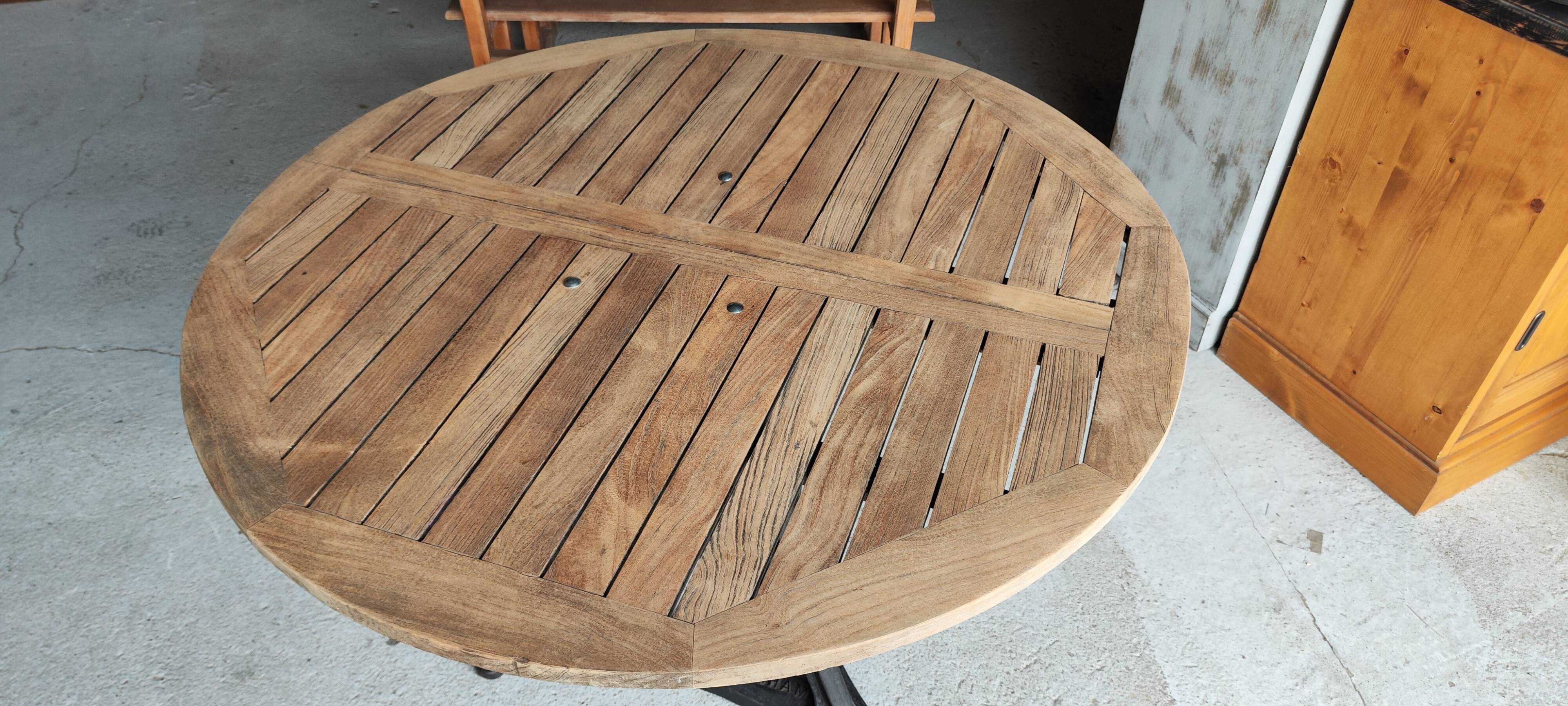 Industrial table with cast iron legs and teak top