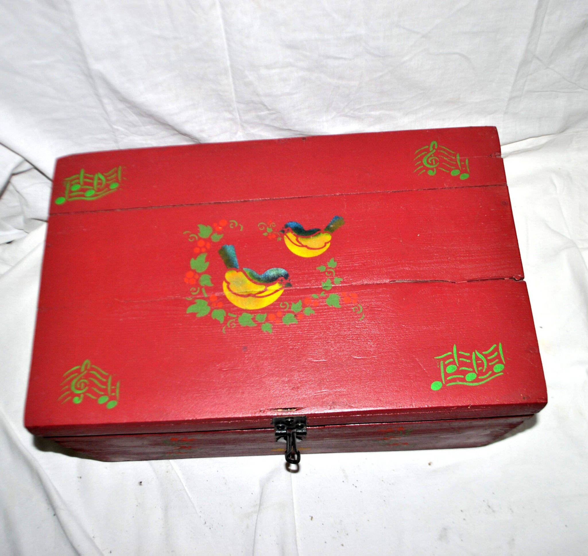 Vintage wooden trunk – toy chest or music box with painted stencil bird decoration.