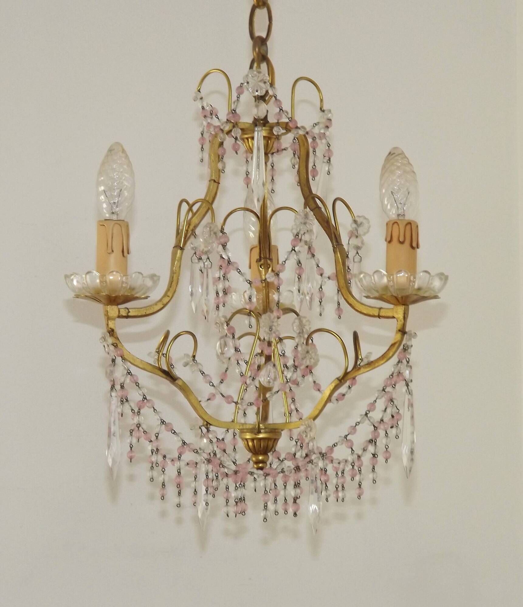 French gilt bronze three-light cage chandelier with pink and clear beaded swags.