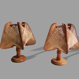 Portuguese Mid Century Modernist wood straw wooden table lamps 1960s SET of 2