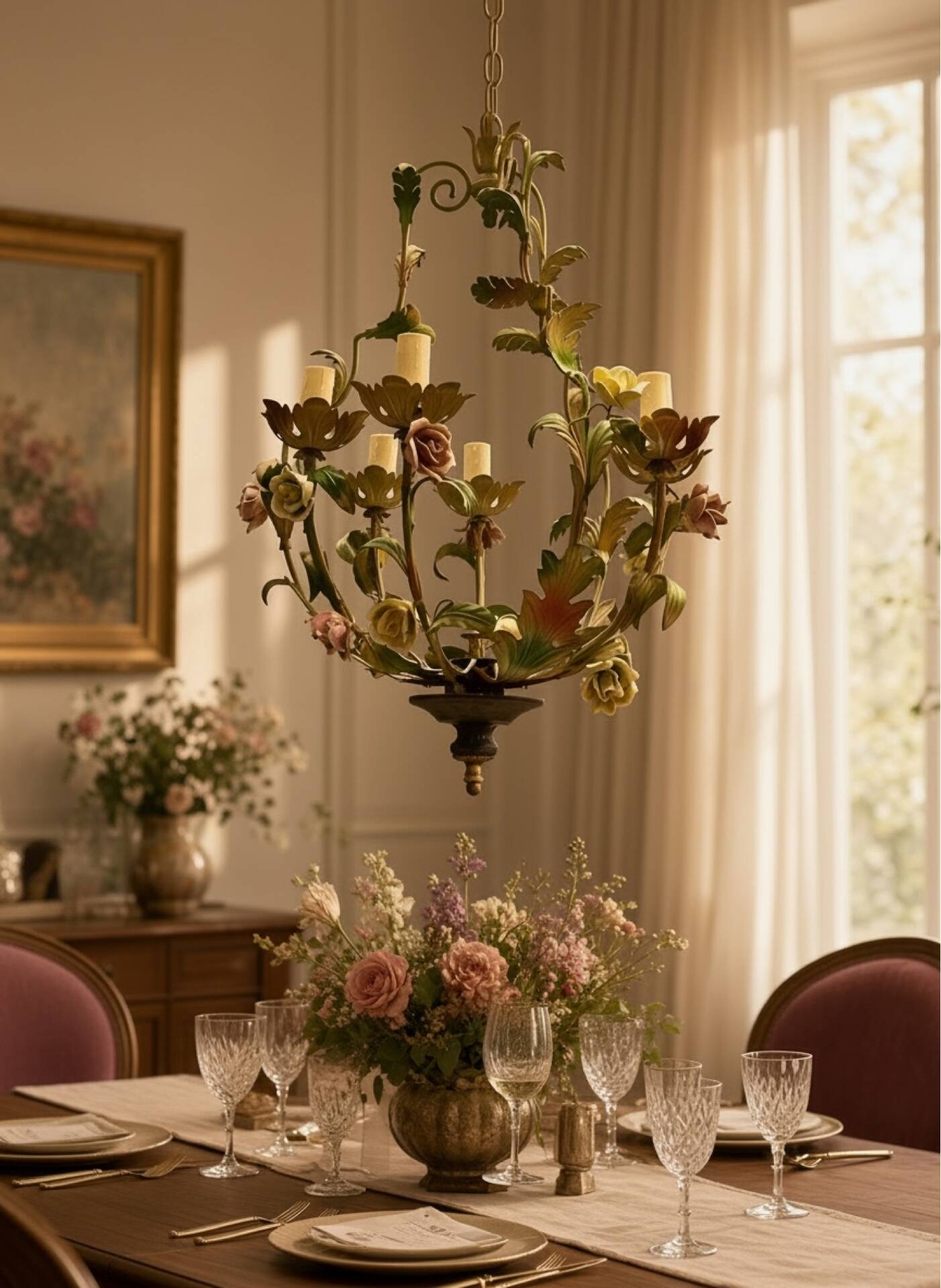 Tole Ceramic Flower Italian Chandelier 1960’s 