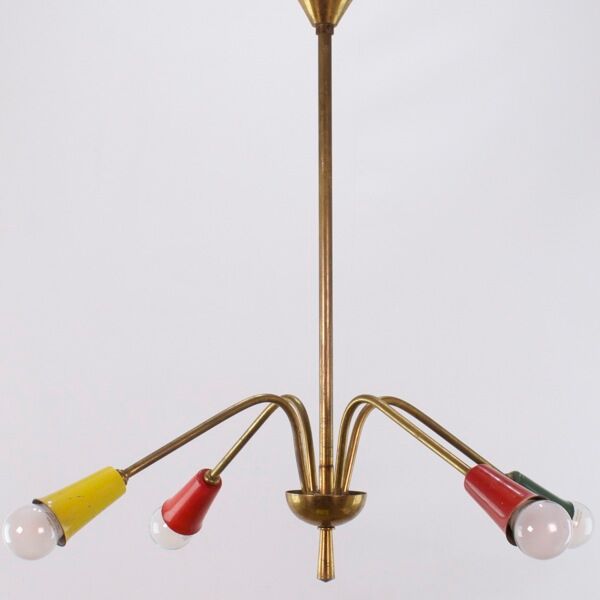 Lustre vintage 1950, 4 bras, laiton et couleurs, 60cm de diamètre