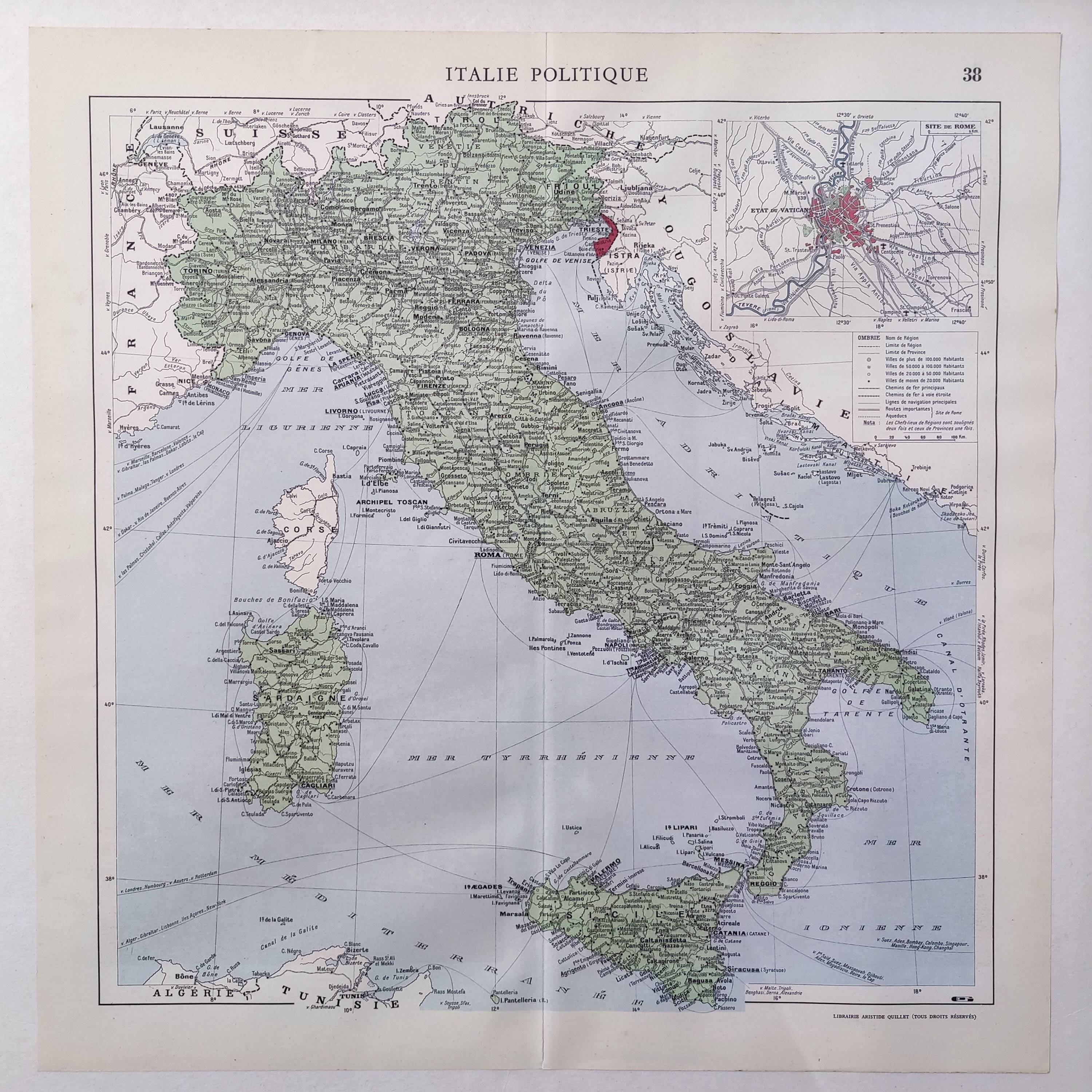 Illustrated Italy Europe map 43x43cm vintage from 1950