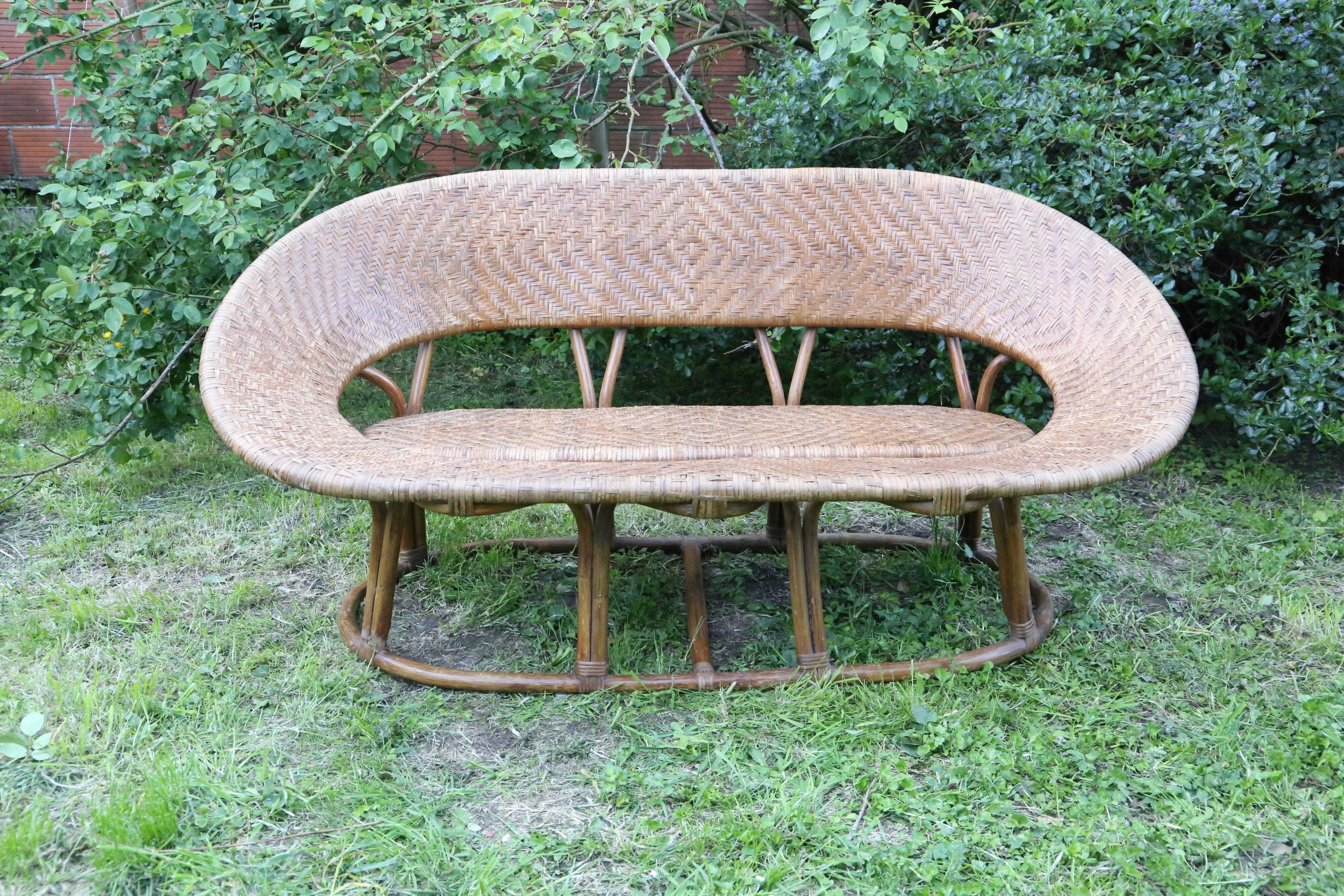 Rattan and wicker bench, vintage
