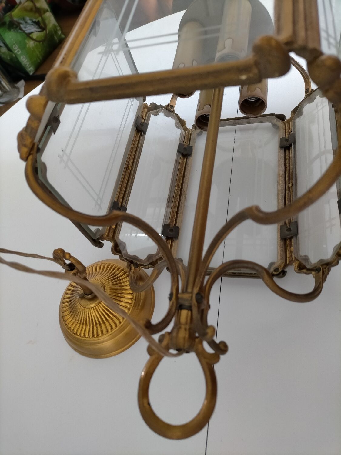 Hexagonal carved glass metal lantern in very good condition