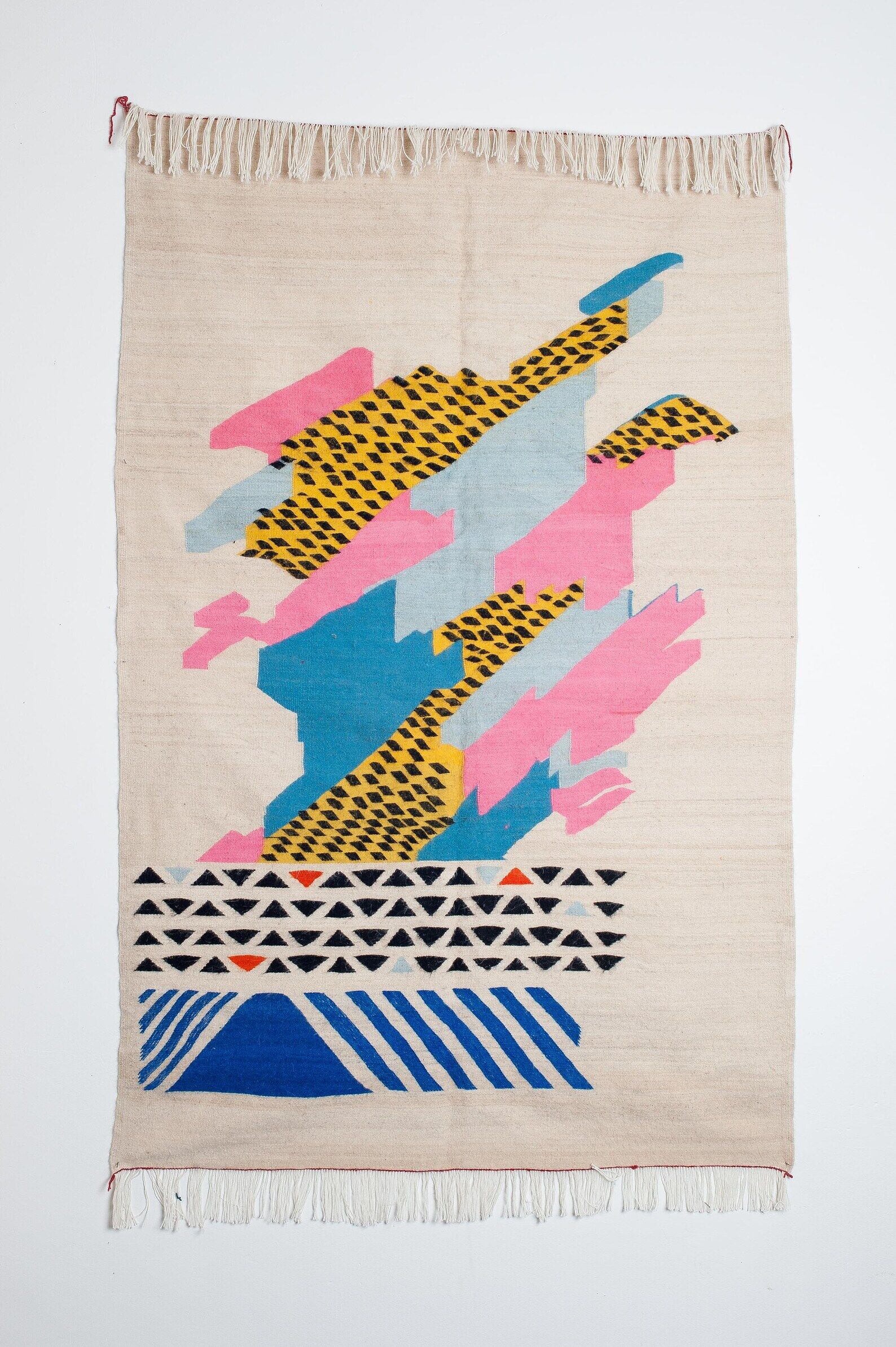 Handmade carpet, contemporary for living room, white & colors, wool, Khalil Minka, 220x140 cm