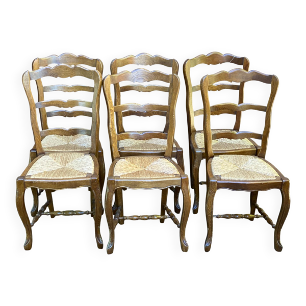 6 chaises à manger Louis XV vintage paillées époque 20ème